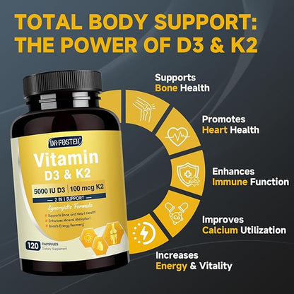 DRFOSTER Vitamin D3 K2 – High-Potency 125mcg D3 (5000IU) & 100mcg K2 (MK7) – Bone Strength, Heart & Immune Support – Enhanced with Zinc, Boron & MCT – 120 Capsules, Non-GMO, Gluten-Free