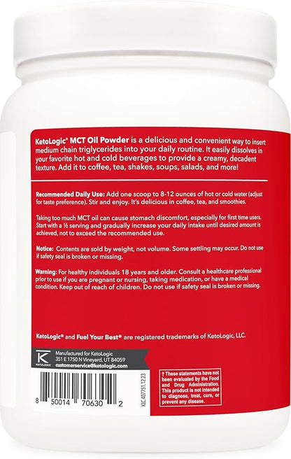 Ketologic MCT Oil Powder French Vanilla (1 LB) – Keto Coffee Creamer & Energy Support – 41 Servings of Medium Chain Triglycerides for Focus & Fuel