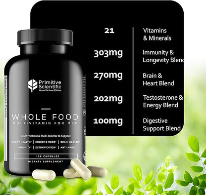 Whole Food Natural Multivitamin and Mineral Capsules for Men - All-Day Energy, Inner Zen, and Stronger You (120 Capsules)