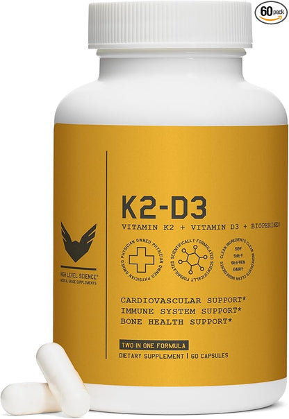High Level K2D3, Vitamin K2 & D3 Supplement with BioPerine Black Pepper, Dual Action Complex for Heart, Bone, Immune Support, 5000 IU D3, 100 mcg K2, Vegetarian, 60 Veggie Capsules