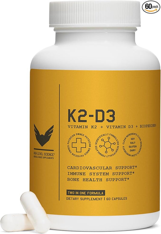 High Level K2D3, Vitamin K2 & D3 Supplement with BioPerine Black Pepper, Dual Action Complex for Heart, Bone, Immune Support, 5000 IU D3, 100 mcg K2, Vegetarian, 60 Veggie Capsules