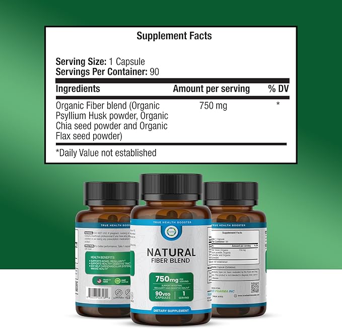 Natural Fiber Blend Supplement - Promotes Digestive Health, Cholesterol Balance, Cardiovascular Wellness - Psyllium Husk, Chia Seed, Flax Seed - 750mg Organic Fiber Blend
