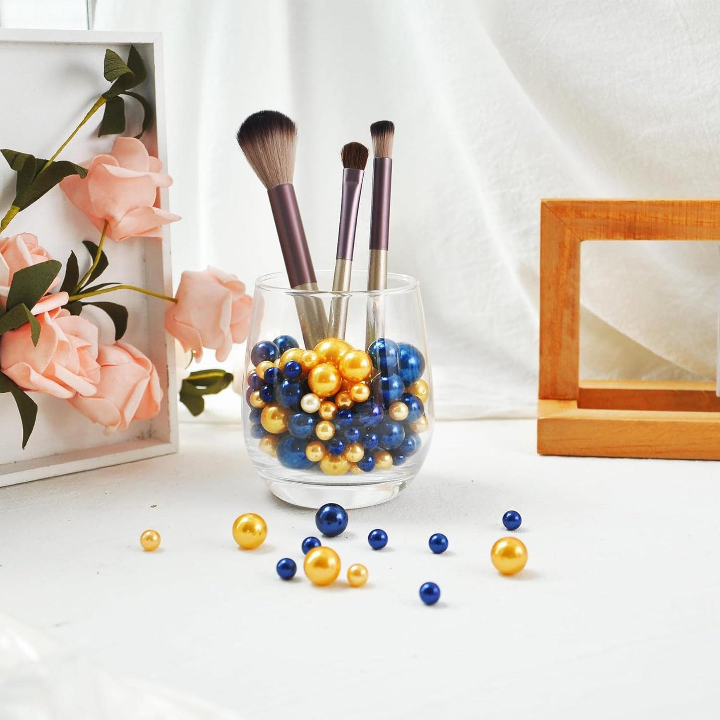 520Pcs Navyblue&Gold Beads for Centerpieces Decor, Artifical Pearls Vase Filler, Large Beads for Makeup Brush, No Hole Round Pearl Beads for Wedding Birthday Christmas Party Home Decor(18mm 14mm 6mm)