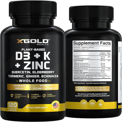 Vitamin D, K2, K1, Zinc, Quercetin, Elderberry, Turmeric, Ginger & Echinacea Whole Food Supplement 8 in 1- D3 5000 IU Plant-Based from Lichen, Vitamin K (K2 MK7, MK4, K1), D3 K2 Vitamins -120 Capsules