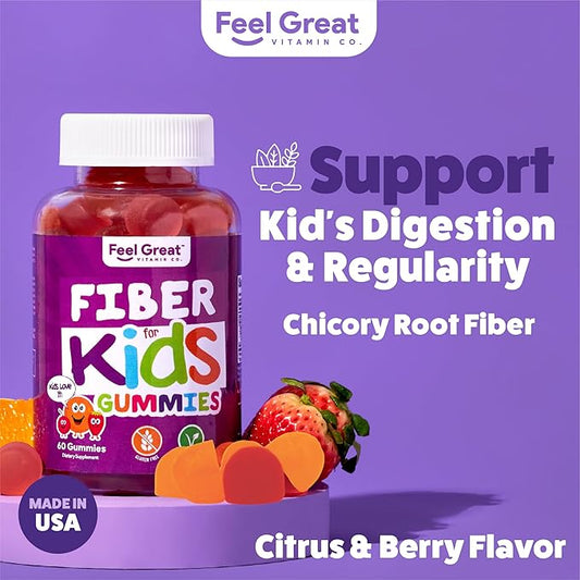 The Feel Great Vitamin Company Fiber Gummies for Kids for Digestive Support | Constipation Relief for Kids | Fruity Flavored Chewable Fiber Gummies | Vegetarian Supplements | 60 Day Supply