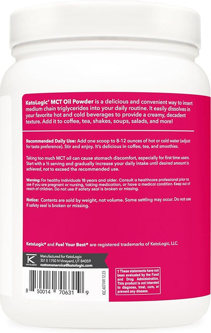Ketologic MCT Oil Powder Unflavored (1 LB) – Keto Coffee Creamer & Energy Support – 41 Servings of Medium Chain Triglycerides for Focus & Fuel