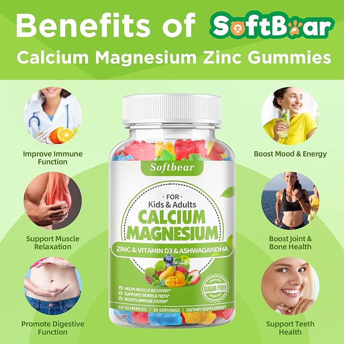 softbear Calcium Magnesium Zinc Gummies for Women, Calcium Magnesium Supplement Chewable Calcium 600 mg with Vitamin D3 for Bone Strength Vegan Mixed Fruit Flavor 60 Gummies