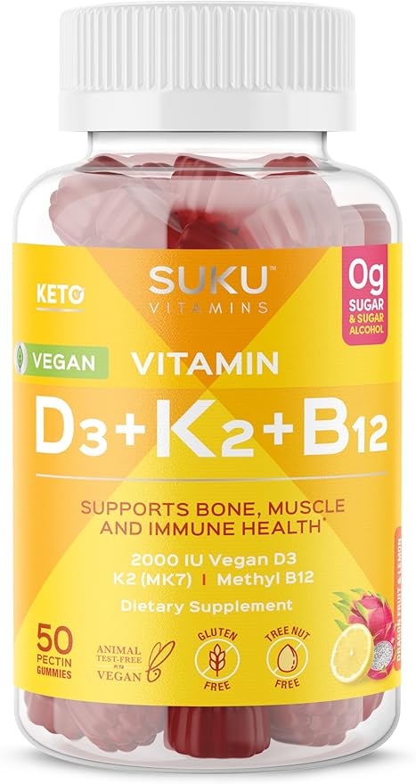 Vegan D3 + K2 + B12 Sugar-Free & Sugar-Alcohol-Free Keto 2000IU Vitamin D Gummy Supplement for Healthy Bones, Immune Function, Healthy Metabolism, Lemon Dragon Fruit Flavor (50 Gummies)