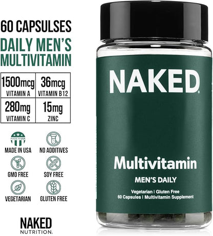 NAKED Men’s Multi – Daily Multivitamin for Men – A, C, E, Selenium, Zinc, Fruit and Super Green Extracts and More to Boost Immune Support – Gluten-Free and Vegetarian Daily Vitamins – 60 Capsules