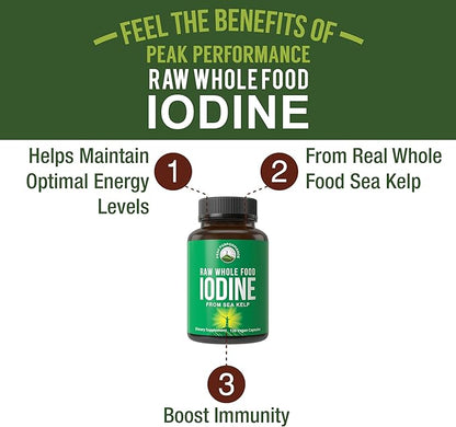 Raw Whole Food Iodine Supplement from Organic Kelp (Ascophyllum Nodosum) by Peak Performance. Potassium Iodide Support Tablets. for Metabolism, Energy, and Immune. 120 Vegan Capsules, Pills.