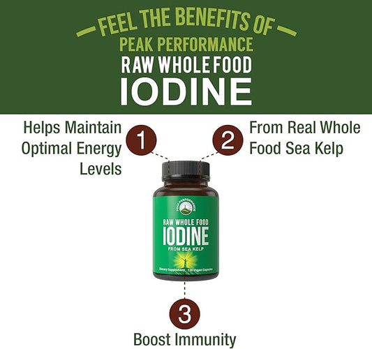 Raw Whole Food Iodine Supplement from Organic Kelp (Ascophyllum Nodosum) by Peak Performance. Potassium Iodide Support Tablets. for Metabolism, Energy, and Immune. 120 Vegan Capsules, Pills.