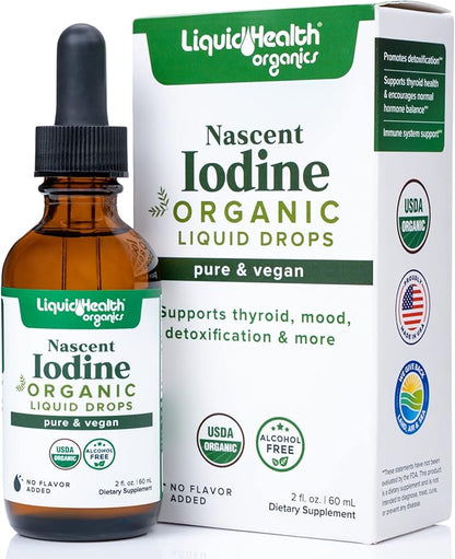 LIQUIDHEALTH USDA Organic Nascent Iodine Liquid Drops, Pure Iodine Supplement for Thyroid & Immune Support, Energy Supplement - Made in USA, Vegan, Colorless, Tasteless Tincture (2 oz)