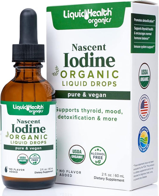 LIQUIDHEALTH USDA Organic Nascent Iodine Liquid Drops, Pure Iodine Supplement for Thyroid & Immune Support, Energy Supplement - Made in USA, Vegan, Colorless, Tasteless Tincture (2 oz)