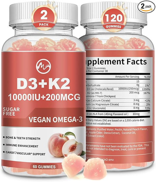 Vitamin D3 K2 Gummies, Vitamin D3 10000IU, K2 (MK-7) 200mcg, 6-in-1 Vitamina D3 Con K2 Supplement with Omega-3, Magnesium, Calcium and Zinc for Bones, Teeth & Immune Support, Sugar Free, 2 Packs