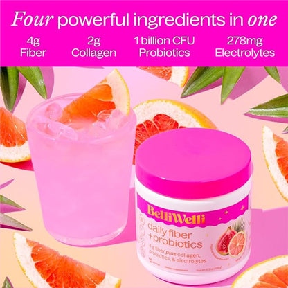 BelliWelli Fiber Supplement for Women & Men – Premium Daily Fiber Powder from Organic Acacia with Added Collagen, Electrolytes & Probiotics – No Bloat, Constipation & Gut Health Support (Tropical)