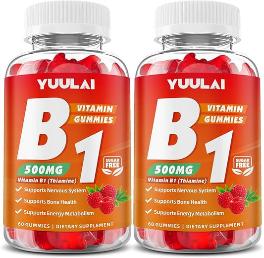 Pack of 2 Vitamin B1 Gummies 500mg for Adults & Kids, Thiamine B1 Supplement with Magnesium, Vitamin B1 Supplement for Nervous System Supports & Boost Energy, Raspberry Flavor, 120 Count