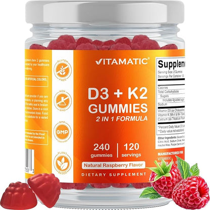 Vitamatic Vitamin D3 K2 with Calcium Gummies - 240 Count - Non-GMO, Gluten Free