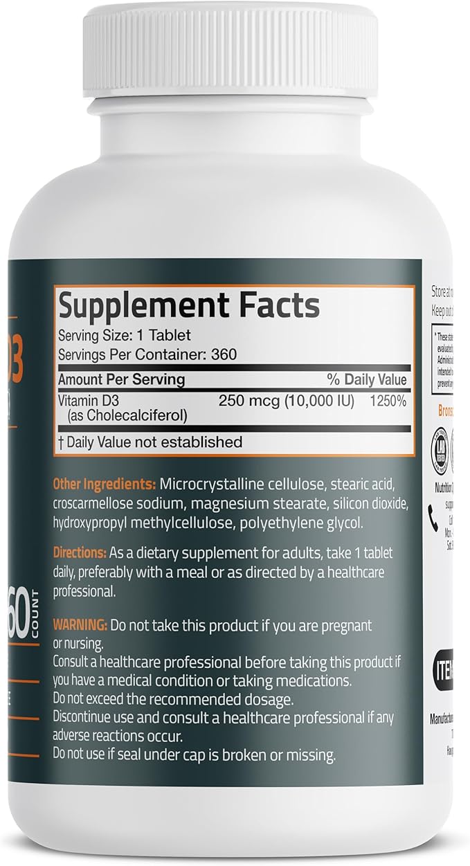 Bronson Vitamin D3 10,000iu (250mcg) 1 Year Supply for Healthy Muscle Function and Immune Support, Non-GMO, 360 Tablets