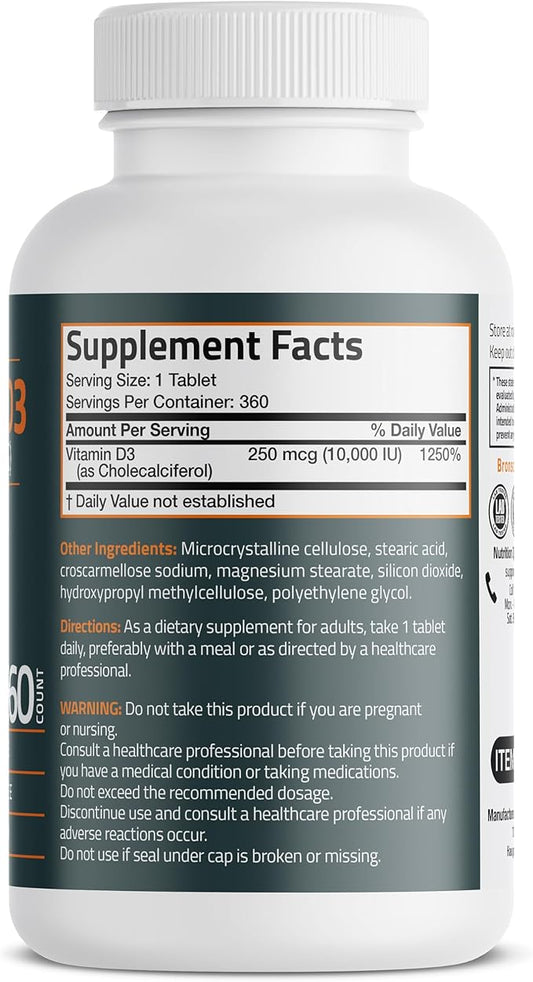 Bronson Vitamin D3 10,000iu (250mcg) 1 Year Supply for Healthy Muscle Function and Immune Support, Non-GMO, 360 Tablets