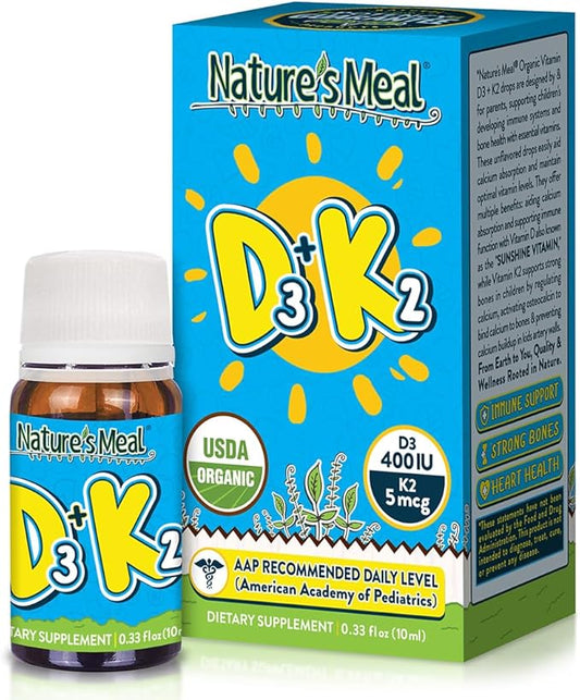 Nature's Meal Vitamin D3 + K2 Drops MK-7 5 mcg, Liquid Vitamin D Drops for Infants 400 IU, Healthy Bones, Heart & Immune System, Sugar Free Supplement for Infants/Baby & Toddlers, 180 Servings
