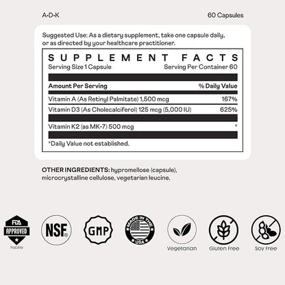 Nuray ADK Supplement - Essential Vitamin Complex for Immune Support, Bone Health, Teeth and Energy - with Vitamin A, D3, & K2 (as MK-7) - Vegetarian, Gluten Free & Soy Free - 60 Capsules
