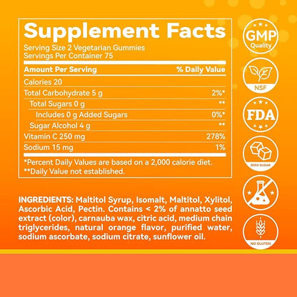 Zero Sugar Vitamin C Gummies 250 mg per Serving, Immune & Antioxidant Support, Natural Orange Flavor, 150 Count, 75 Day Supply, Sugar-Free, Vegetarian Gummies, No Artificial Sweeteners or Flavors