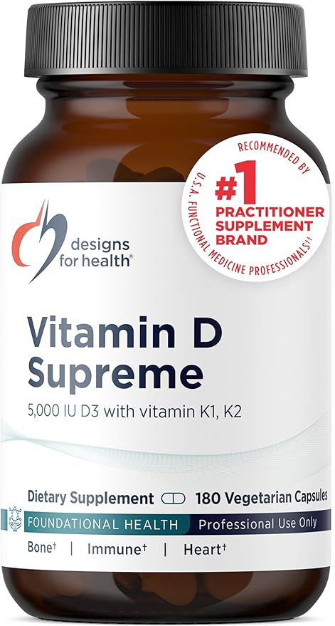 Designs for Health Vitamin D Supreme - Vitamin D 5000 IU with 2000mcg Vitamin K as MK4 for Bone Health, Heart Health & Immune Support - Vitamin D3 Enhanced with GG Supplement (180 Capsules)