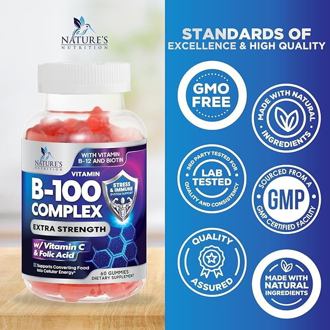 B Complex Gummies with Vitamin C & Folic Acid, Extra Strength Super Vitamin B Gummies Supplement with Niacin, B6, Folic Acid, B12, Biotin, Nature's Energy Immune Support Supplements - 60 Gummies