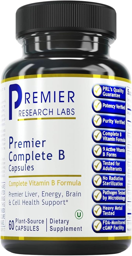 Premier Research Labs Complete B - Vitamin B Complex Supplement for Optimal Health | Vitamin B Supplement with Biotin | 9 Active B Vitamins | for Liver, Energy & Brain Support - 60 Capsules