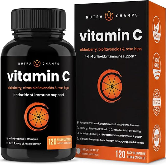 NutraChamps Vitamin C 1000mg with Rose HIPS, Vitamin C Supplement with Elderberry & Citrus Bioflavonoids, Kids Immune Boosting Supplement, 500mg Vitamin C Capsules Pill