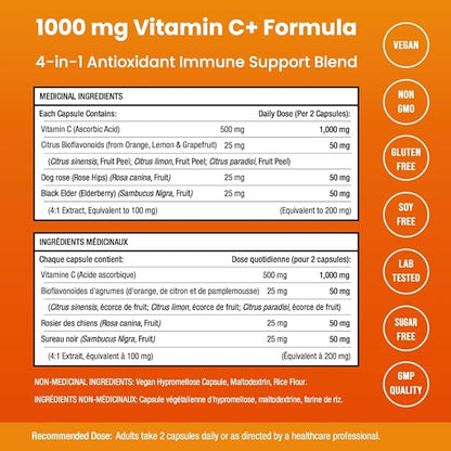 NutraChamps Vitamin C 1000mg with Rose HIPS, Vitamin C Supplement with Elderberry & Citrus Bioflavonoids, Kids Immune Boosting Supplement, 500mg Vitamin C Capsules Pill
