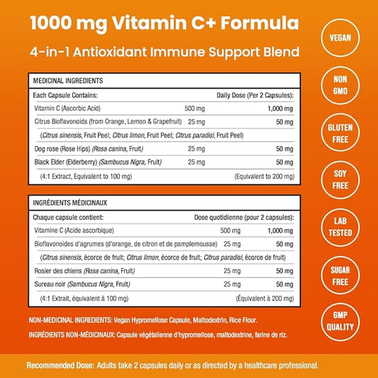 NutraChamps Vitamin C 1000mg with Rose HIPS, Vitamin C Supplement with Elderberry & Citrus Bioflavonoids, Kids Immune Boosting Supplement, 500mg Vitamin C Capsules Pill