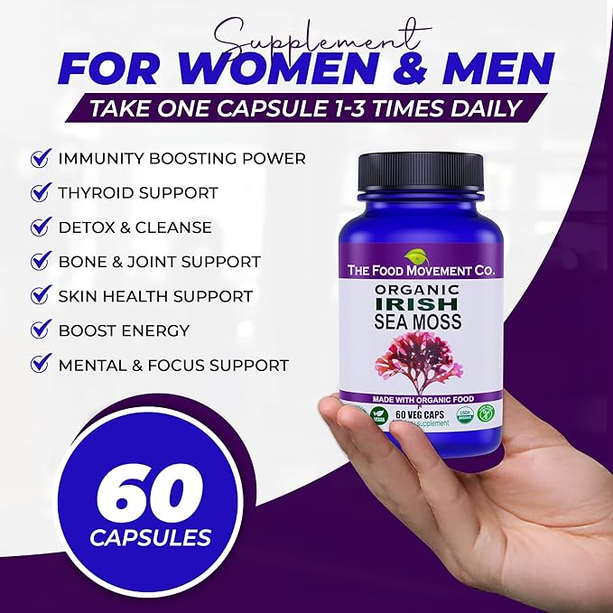 Irish Sea Moss, Organic Prebiotic Food, Over 70 Trace Minerals, Supports Healthy Elimination, Digestion and Immune Support 60 Vegetarian Capsules