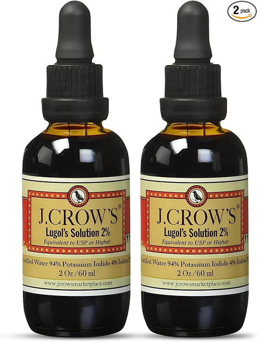 J.CROW'S® Lugol's Solution of Iodine 2% 2 oz (2 Bottles) – Premium Potassium Iodide Liquid, Supports Thyroid & Energy, Gluten &, Alcohol-Free Natural Brine Extract, No Expiration