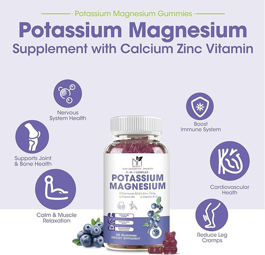 2 Pack Potassium Magnesium Gummies, Sugar-Free Potassium Gummies with Magnesium Glycinate 500mg Chewable Magnesium Potassium Supplements with Calcium, Zinc, Vitamin for Leg Cramps & Muscle