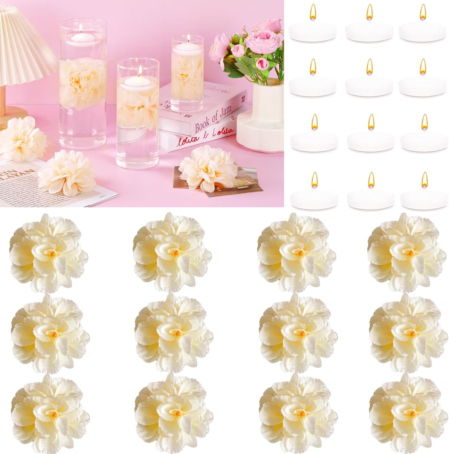 24 Pcs Floating Candles for Centerpieces and Floating Flowers for Centerpieces Champagne Artificial Flowers Vase Fillers for Wedding Table Party Home Decoration
