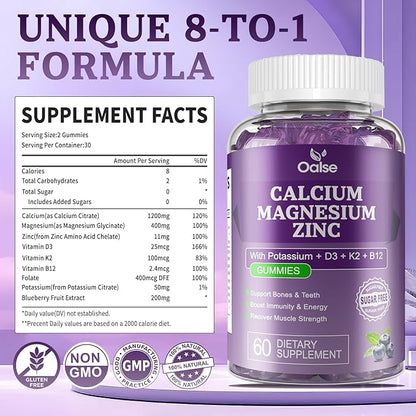 Calcium Magnesium Zinc Gummies with Vitamin D3 & K2-High Absorption Magnesium Glycinate-Muscles, Immune & Sleep Support-Sugar Free- Blueberry Flavored (1 Pack)