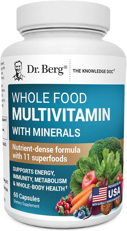 Dr. Berg Whole Food Multivitamin with Minerals - Daily Multivitamin for Men and Women - Includes Premium Whole Food Fruits and Vegetable Blend with Folate, Alpha-lipoic Acid and More - 60 Capsules