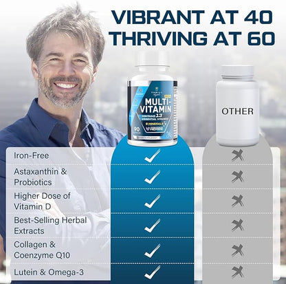 Men Multivitamins 50 Plus - Daily Multivitamin for Men with Fermented Herbal Extracts & 43 Nutrients - Mens Vitamins Supports Memory & Brain, Energy, Bone Health (2 Pack)