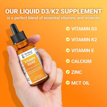 Dr. Berg Liquid Vitamin D3 & K2 Supplement with Zinc - for Bone, Teeth, Mood & Immune Health* - Vitamin D3 & K2 Drops for Adults - 1 fl oz
