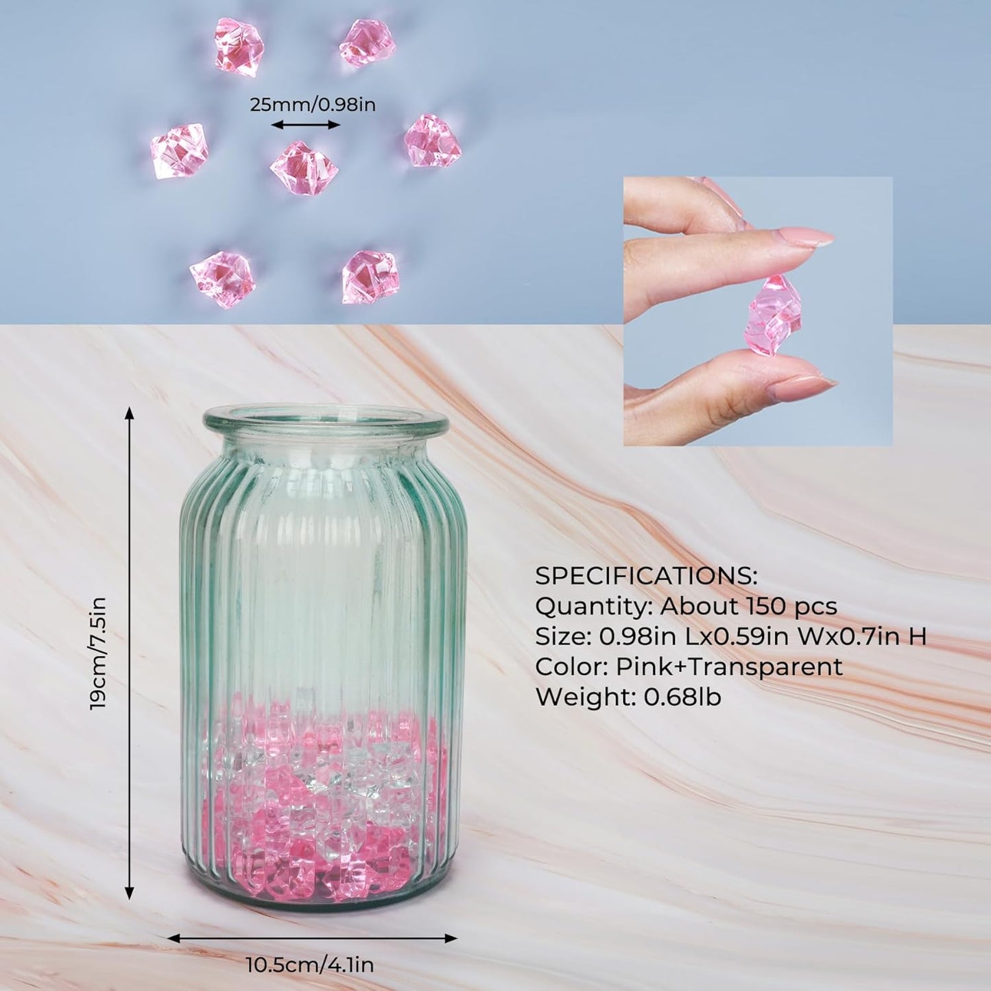 Acrylic Crushed Ice Rocks, Babenest 150 PCS Fake Crystals Plastic Ice Cubes Diamonds Gems for Vase Fillers, Home Decoration, Table Scatter, Event, Wedding, Arts & Crafts (Pink/Clear)