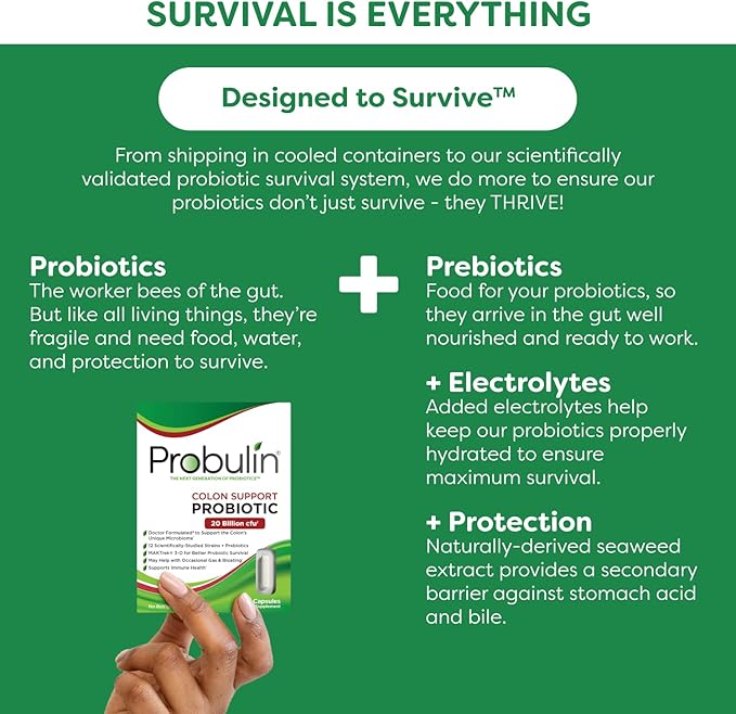 Probulin Colon Support Daily Probiotic + Prebiotic + Support Gut Health, Occasional Gas and Bloating - 20 Billion CFU - 12 Strains, 30 Vegan Capsules