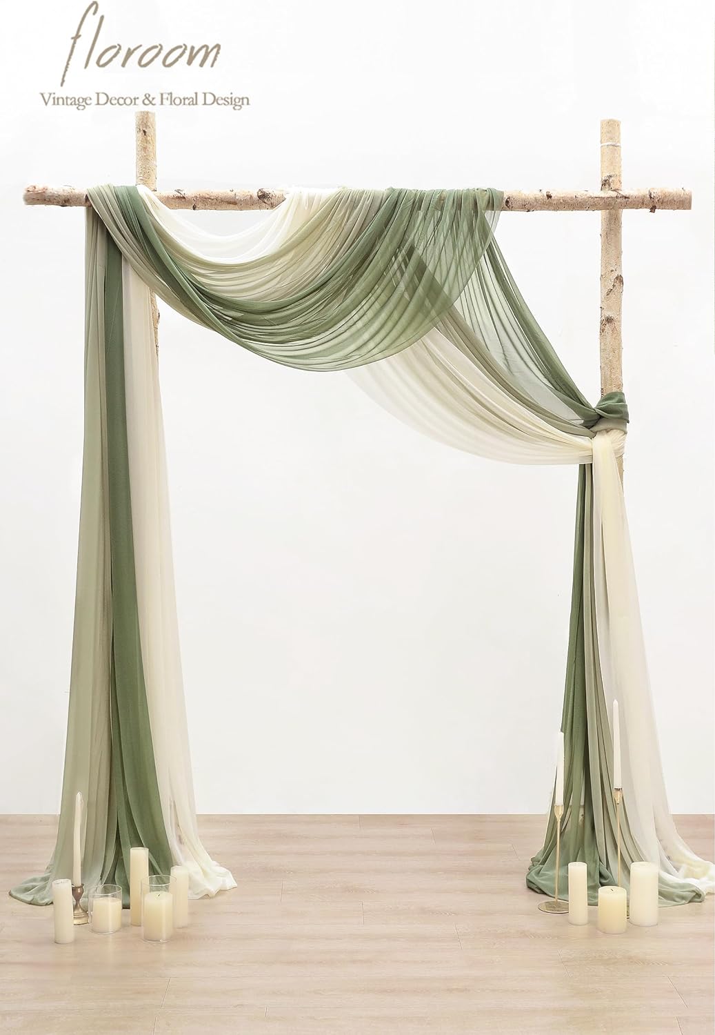 Floroom Wedding Arch Draping Fabric 3 Panels 20Ft Chiffon Fabric Drapes Arbor Drapery Wedding Ceremony Reception Swag Decorations (Forest Green +Sage Green +Ivory)
