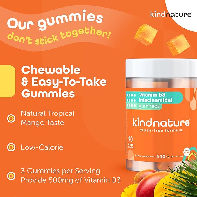 kindnature Vitamin B3 Niacin Gummies - Flush Free Niacinamide 500mg Supplement - Vegan, Non-GMO, Low-Calorie, Gluten-Free, Soy-Fee, 3rd Party Lab Tested - 1 Month Supply, 90 Chewable Gummies