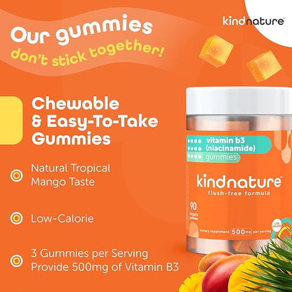 kindnature Vitamin B3 Niacin Gummies - Flush Free Niacinamide 500mg Supplement - Vegan, Non-GMO, Low-Calorie, Gluten-Free, Soy-Fee, 3rd Party Lab Tested - 1 Month Supply, 90 Chewable Gummies