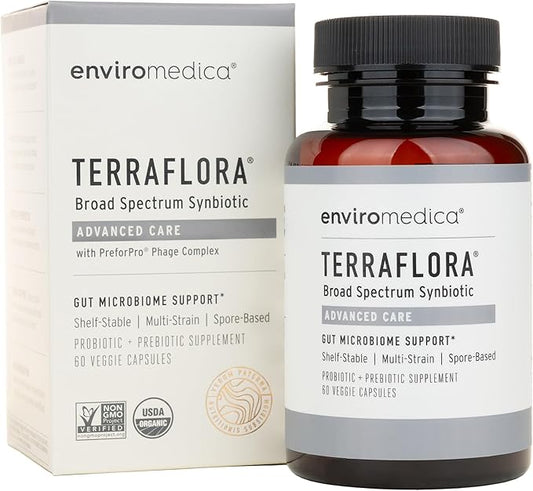 Terraflora Advanced Care Synbiotic - SBO Probiotic and Prebiotic, Digestive & Gut Health, Soil Based Spore Pre and Probiotics for Women and Men with Bacillus Coagulans, Subtilis, Vegan - 60 Capsules