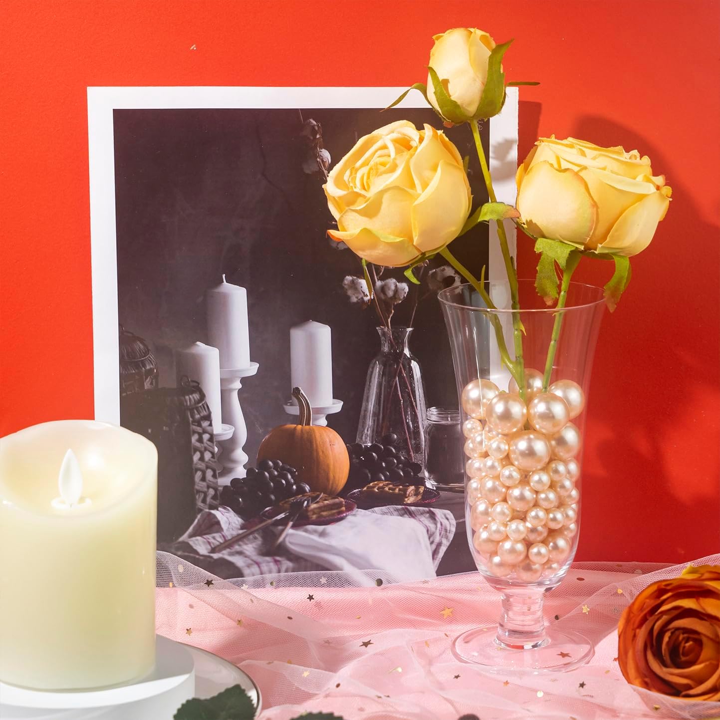 150Pcs Champagne Polished No Hole Faux Pearl Beads for Vase Filling Decorations, Plastic Pearls Vase Fillers, Table Scatters, Wedding Centerpiece, Home Decor, 8/14/20 mm