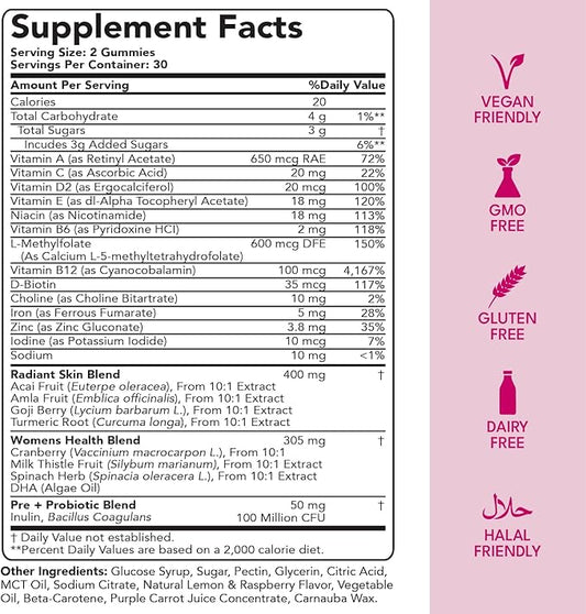 Sakoon nutrition Halal Women's Full Spectrum Multivitamin Gummies with Probiotics & Prebiotics – Complete Daily Wellness Support, Immune & Digestive Health – Vegan, Non-GMO, Delicious Fruit Flavor!