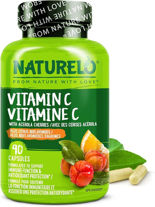 NATURELO Vitamin C with Organic Acerola Cherry Extract and Citrus Bioflavonoids - Vegan Supplement - Immune Support - 500 mg VIT C per Cap - Non-GMO - 90 Capsules