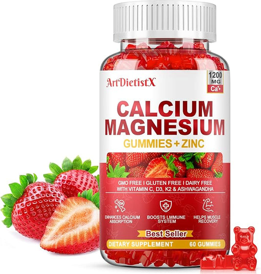 Calcium Magnesium Zinc Gummies with Vitamin D3 for Adults, Calcium Citrate 1200mg with K2, Boron, Copper and Ashwagandha, Absorption Calcium Supplement for Bone, Muscle, Immune for Men Women, 60 Count